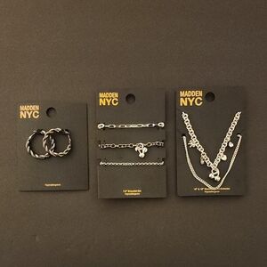 NWT Fun Madden NYC Set of 3, Bracelet Set, Necklace Set, Earring Hoops